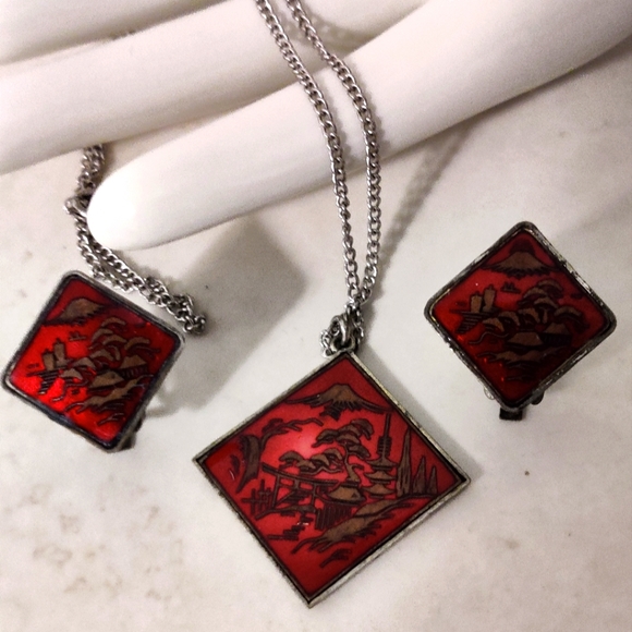 Vintage Japan Enamel Damascene Style Necklace and Earrings Set - Picture 6 of 15